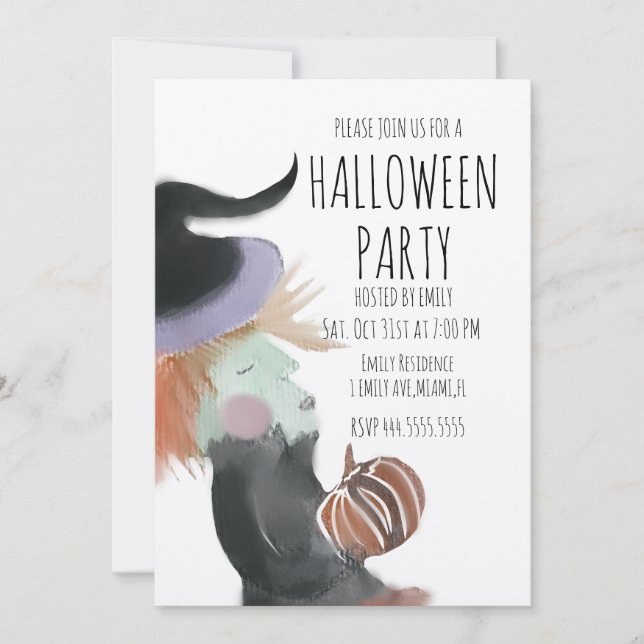 Retro Halloween Party Watercolor Witch Pumpkin   Invitation (Front)
