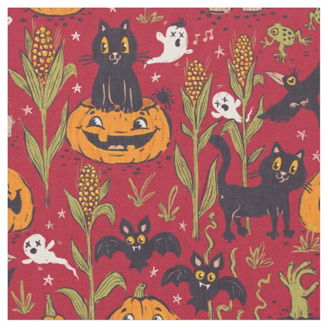 Retro Halloween pattern in vintage cartoon style. Fabric (Close Up)