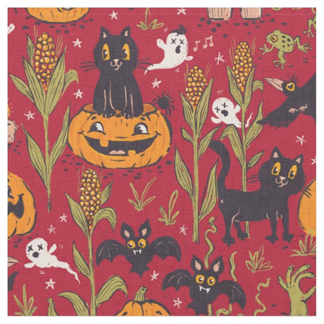 Retro Halloween pattern in vintage cartoon style. Fabric (Close Up)