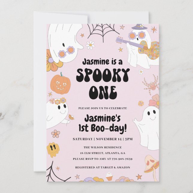 Retro Halloween Pink 1st Birthday Invitation (Front)