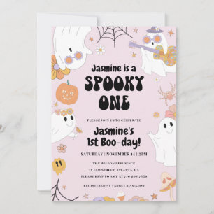 Retro Halloween Pink 1st Birthday Invitation