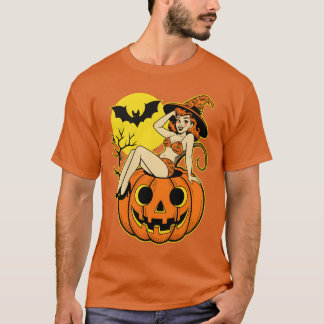 Retro Halloween Pinup Witch on Pumpkin T-Shirt