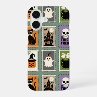 Retro Halloween Postage Stamp Pattern – Cute Ghost iPhone 16 Case