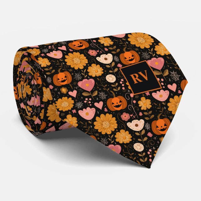 Retro Halloween Pumpkin Love Bloom Monogrammed Tie (Rolled)