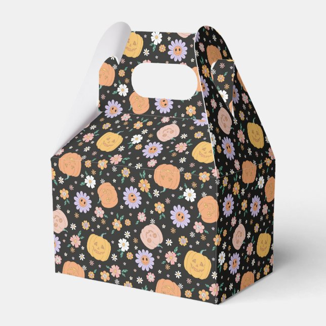 Retro Halloween Pumpkins and Flowers Pattern Favour Box (Front Side)