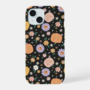 Retro Halloween Pumpkins and Flowers Pattern iPhone 15 Case