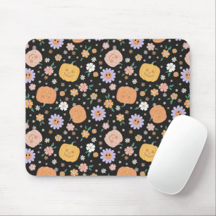 Retro Halloween Pumpkins and Flowers Pattern Mouse Mat
