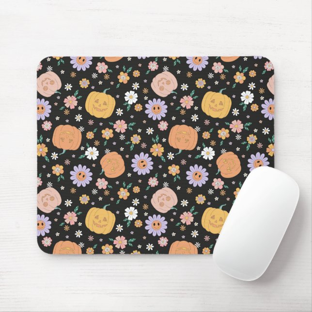 Retro Halloween Pumpkins and Flowers Pattern Mouse Mat (With Mouse)