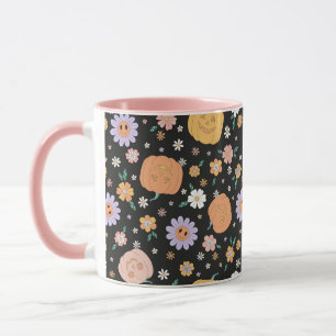 Retro Halloween Pumpkins and Flowers Pattern Mug