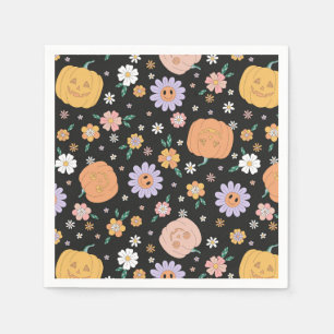 Retro Halloween Pumpkins and Flowers Pattern Napkin