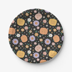 Retro Halloween Pumpkins and Flowers Pattern Paper Plate