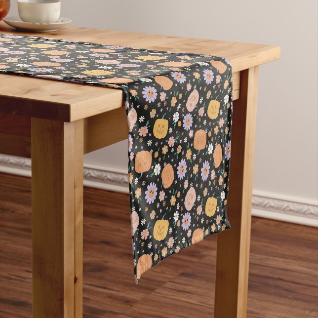 Retro Halloween Pumpkins and Flowers Pattern Short Table Runner (In Situ)