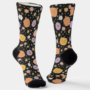 Retro Halloween Pumpkins and Flowers Pattern Socks