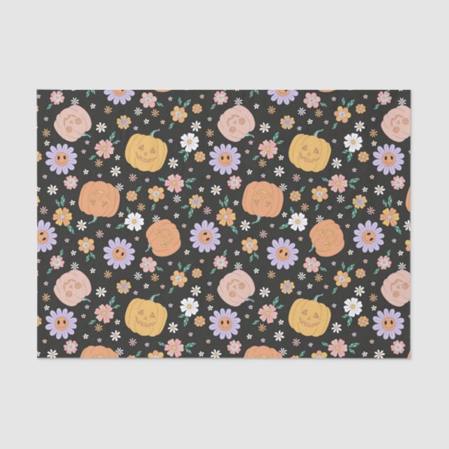 Retro Halloween Pumpkins and Flowers Pattern Tissue Paper (Front)