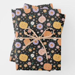 Retro Halloween Pumpkins and Flowers Pattern Wrapping Paper Sheet