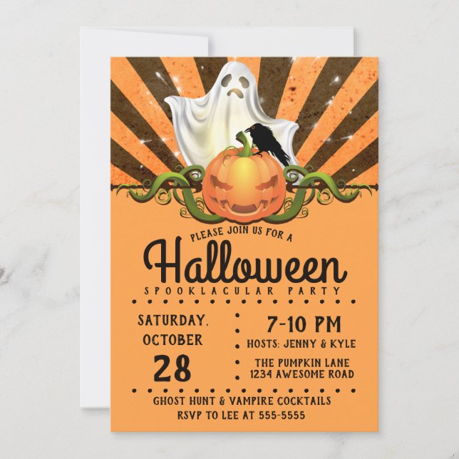 Retro Halloween Rays, Jack o'lantern Ghost Invitation (Front)