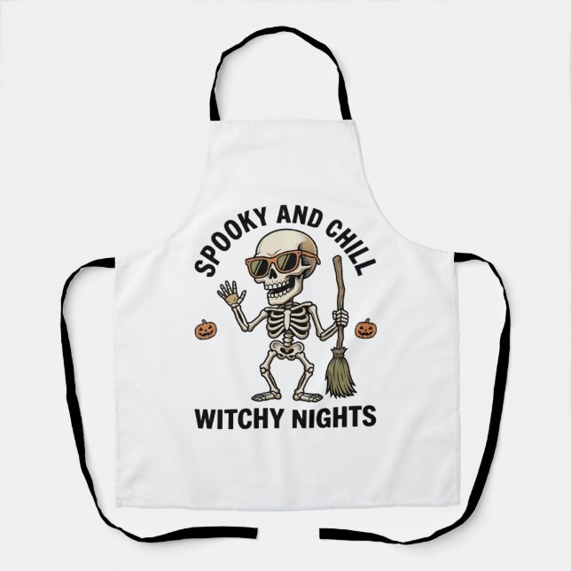 Retro Halloween Skeleton Engraving Witchy Broom Sh Apron (Front)