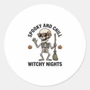 Retro Halloween Skeleton Engraving Witchy Broom Sh Classic Round Sticker