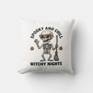 Retro Halloween Skeleton Engraving Witchy Broom Sh Cushion