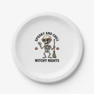 Retro Halloween Skeleton Engraving Witchy Broom Sh Paper Plate