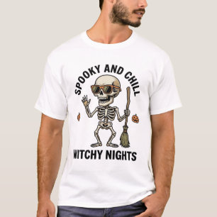 Retro Halloween Skeleton Engraving Witchy Broom Sh T-Shirt