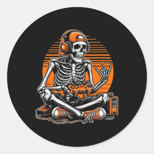 Retro Halloween Skeleton Gamer Video Gaming Boys M Classic Round Sticker