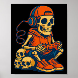 Retro Halloween Skeleton Gamer Video Gaming Boys M Poster