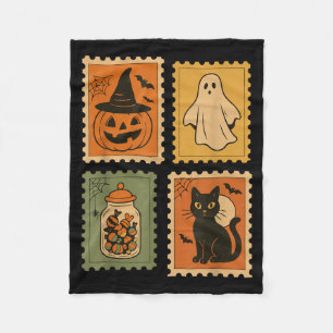 Retro Halloween Stamps Pumpkin Ghost Black Cat Fleece Blanket