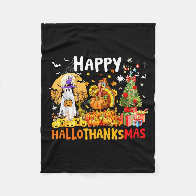 Retro Halloween Thanksgiving Christmas Happy Hallo Fleece Blanket (Front)