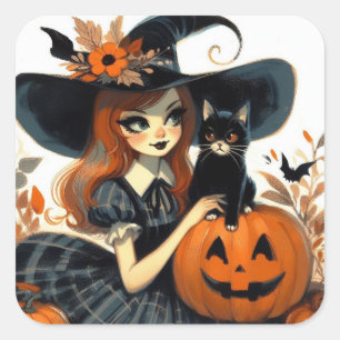 Retro Halloween Witch and Black Cat Spooky Square Sticker