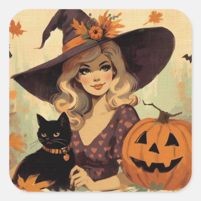 Retro Halloween Witch and Black Cat Spooky Square Sticker (Front)