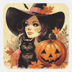 Retro Halloween Witch and Black Cat Spooky Square Sticker