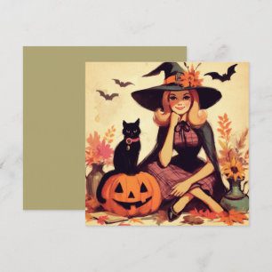 Retro Halloween Witch and Black Flat Greeting Card