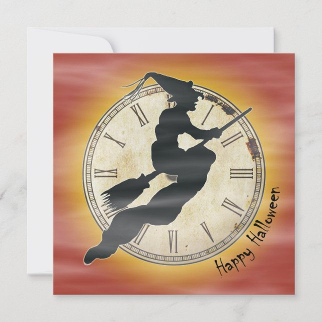 Retro Halloween Witch on a Broom Invitation (Front)