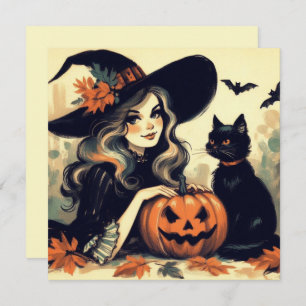 Retro Halloween Witch with Black Cat and Pumpkin Card