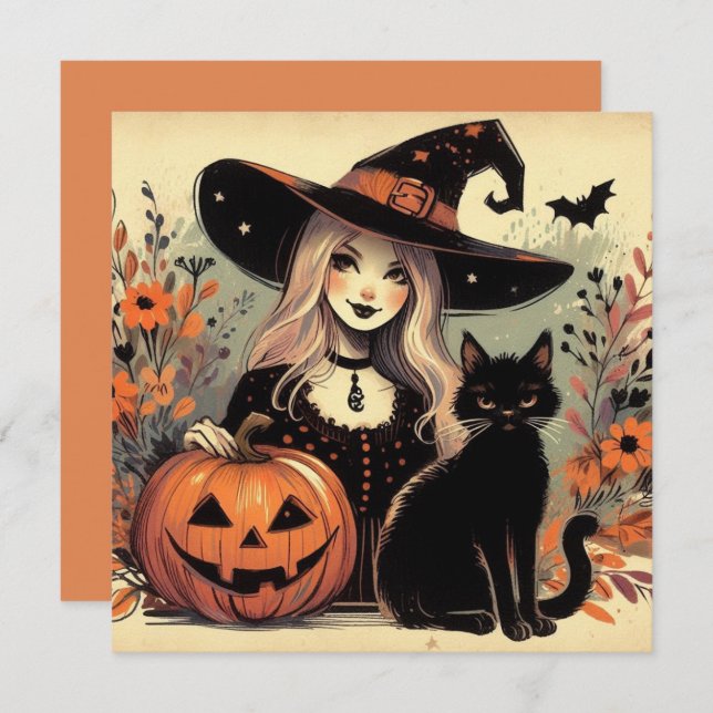 Retro Halloween Witch with Black Cat and Pumpkin Card (Front/Back)