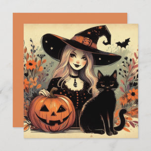Retro Halloween Witch with Black Cat and Pumpkin Card