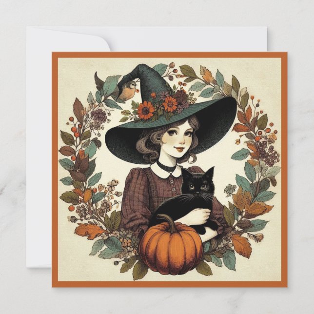 Retro Halloween Witch with Black Cat and Pumpkin Card (Front)