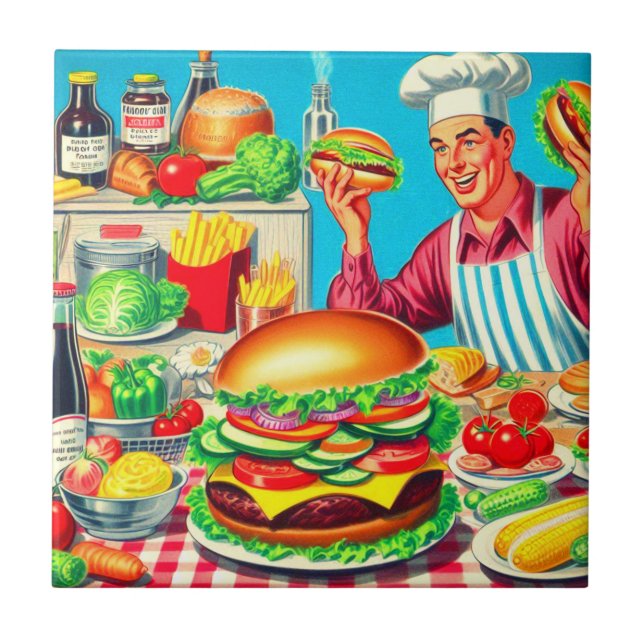 Retro Hamburger Comic Illustration Tile (Front)