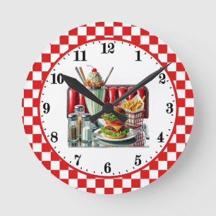 Retro hamburger fries 50's diner  round clock