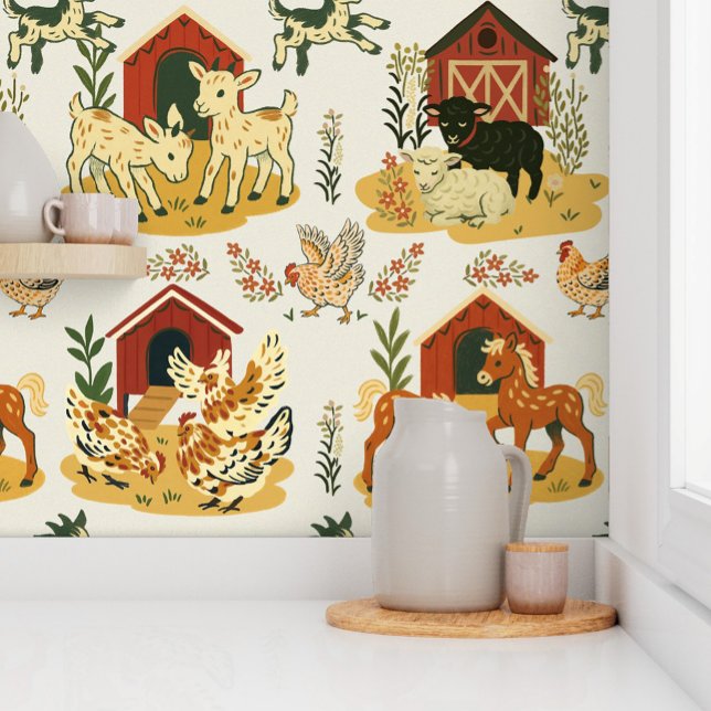 Retro hand drawn Baby Farm Animals Cream Wallpaper (Creator Uploaded)