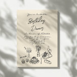 Retro Hand Drawn Birthday Dinner Party Modern Invitation<br><div class="desc">If you looking for a elegant and easily edited unique birthday brunch invitation, this one is perfect for you. As you see, it features black hand written script with whimsical BIRTHDAY DINNER on cream background. With colourful black hand drawn TABLEWARE of wine, grapes, cake , floral bouquet, bread, and candles....</div>
