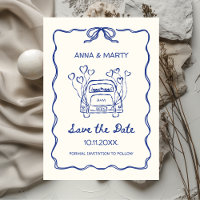 Retro Hand-drawn Blue Unique Bow Wedding Car