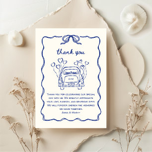 Retro Hand-drawn Blue Unique Bow Wedding Car Thank You Card