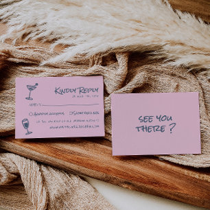 Retro Hand Drawn Blush Pink Colorful Funky Wedding RSVP Card