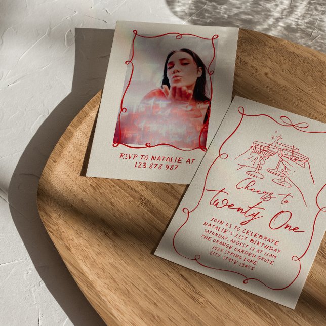 Retro Hand Drawn Bow Cheers To Twenty One Birthday Invitation (Creator Uploaded)