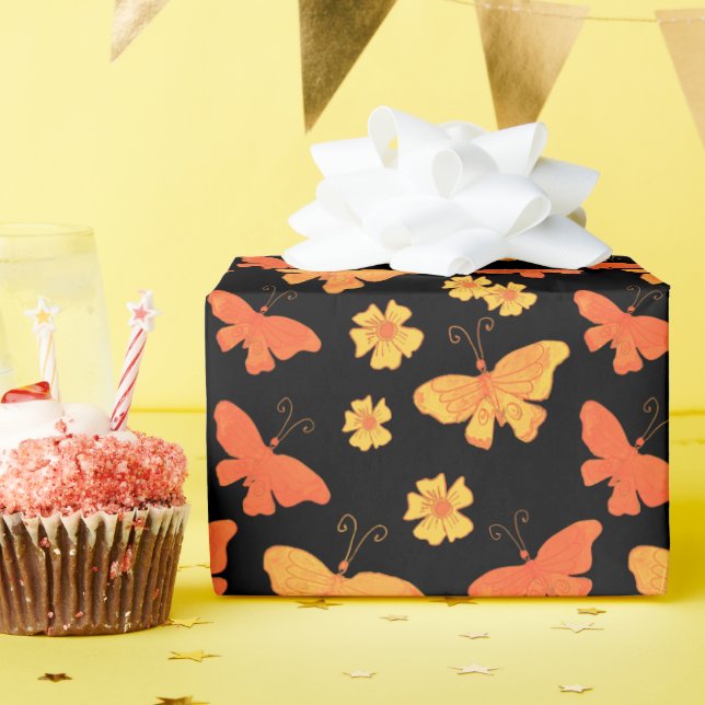 Retro Hand-Drawn Butterfly Pattern Orange and Gold Wrapping Paper (Birthday Party)