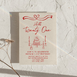 Retro Hand Drawn Cake Hello Twenty One Birthday Invitation