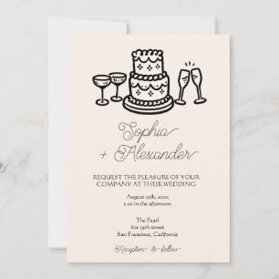 Retro Hand Drawn Cake QR Wedding Invitation