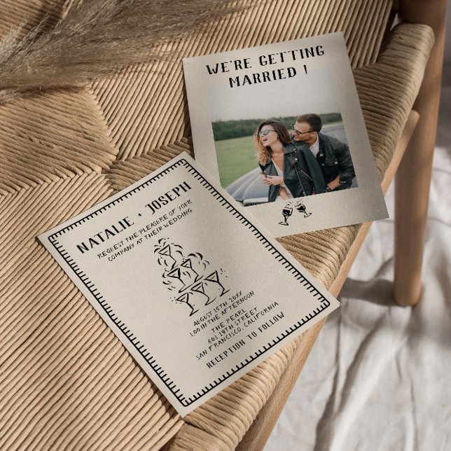 Retro Hand Drawn Champagne Old Money Photo Wedding Invitation (Creator Uploaded)